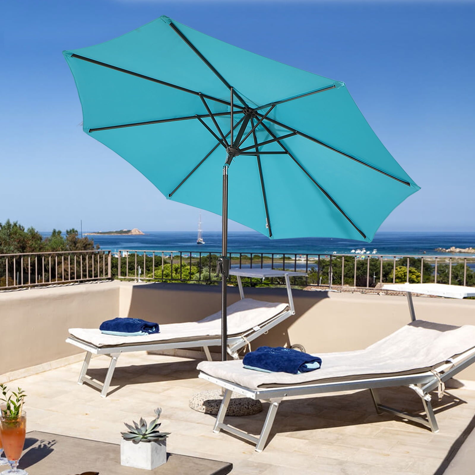 COBANA 9ft Patio Umbrella, Outdoor Table Market Umbrella with Push Button Tilt and Crank, Blue