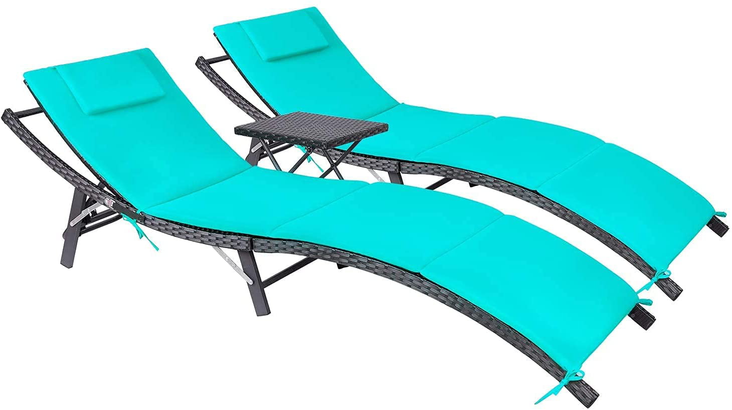 Lacoo 3 Pieces Patio Furniture Outdoor Patio Lounge Chair Adjustable Folding Lawn Poolside Chaise Lounge Chair PE Rattan Patio Seating with Folding Table and Blue Cushion