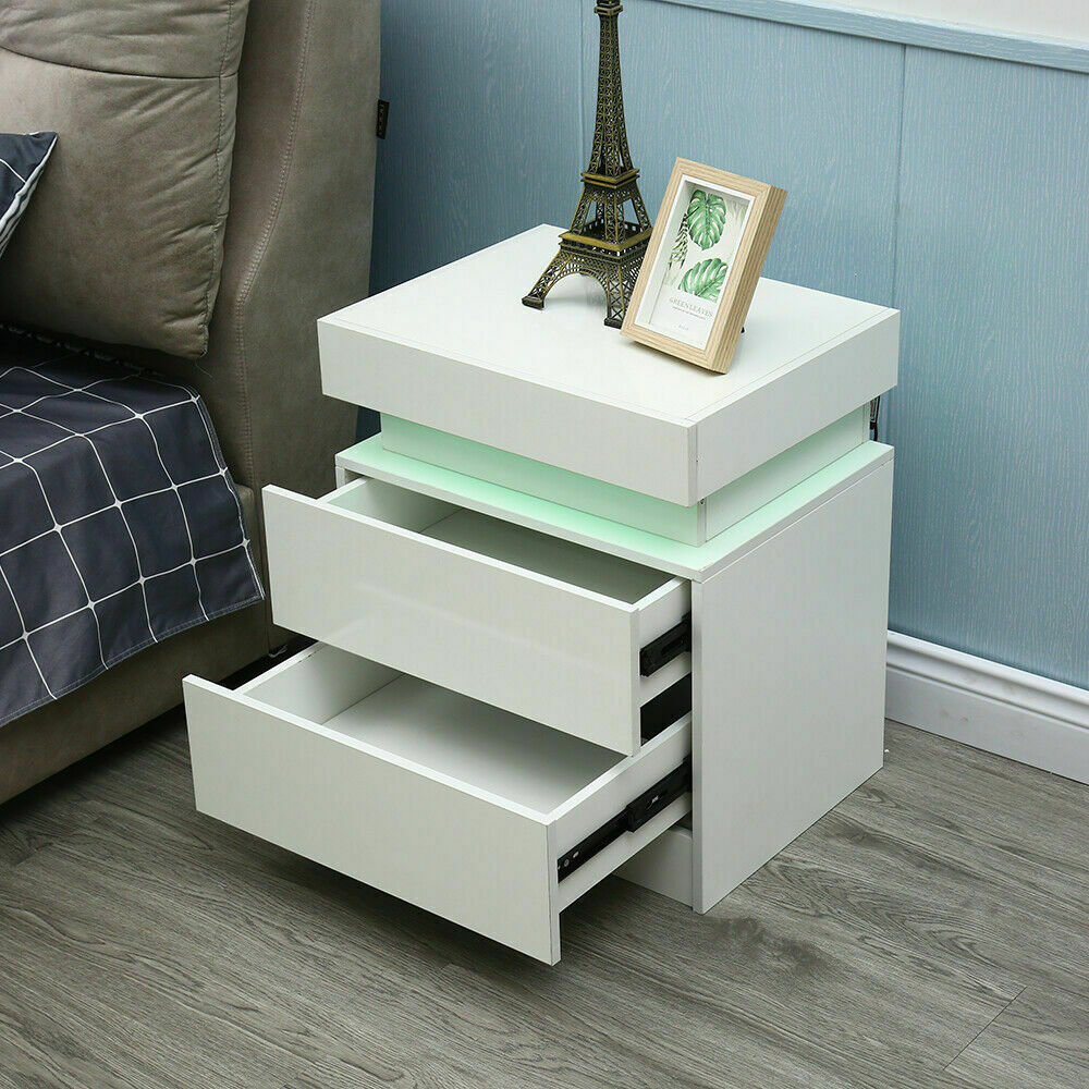 Oukaning Modern Bedroom LED Nightstand Bedside End Table Storage+2 Glossy Drawer