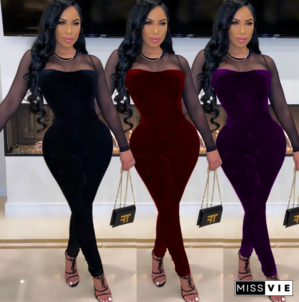 Solid-color Mesh Spliced Zip-up Nightclub Bodycon Jumpsuit