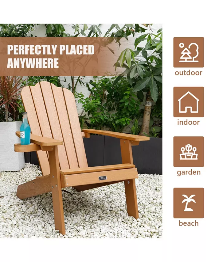 Simplie Fun TALE Adirondack Chair Backyard Outdoor Furniture Painted Seating with Cup Holder All-Weather and Fade-Resistant Plastic Wood for Lawn Patio Deck Garden Porch Lawn Furniture Chairs Brown