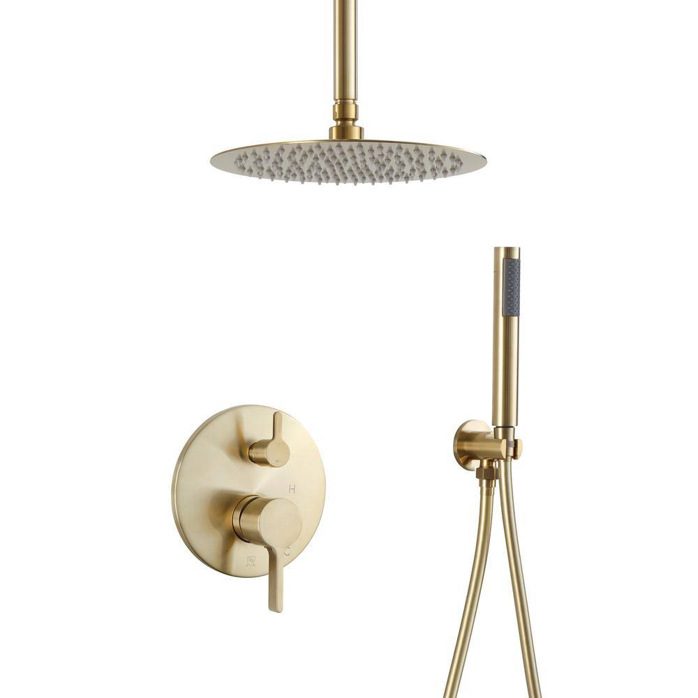 Mondawe Round 1-Spray Patterns Balance Valve Shower Faucets Set with 2.5 GPM 10 in. Ceiling Mount Dual Shower Heads in PVD Gold AM-S133AC-10BG