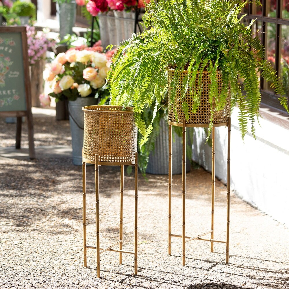 Roanoke Metal Planter on Stand  Set of 2   Glazed Natural