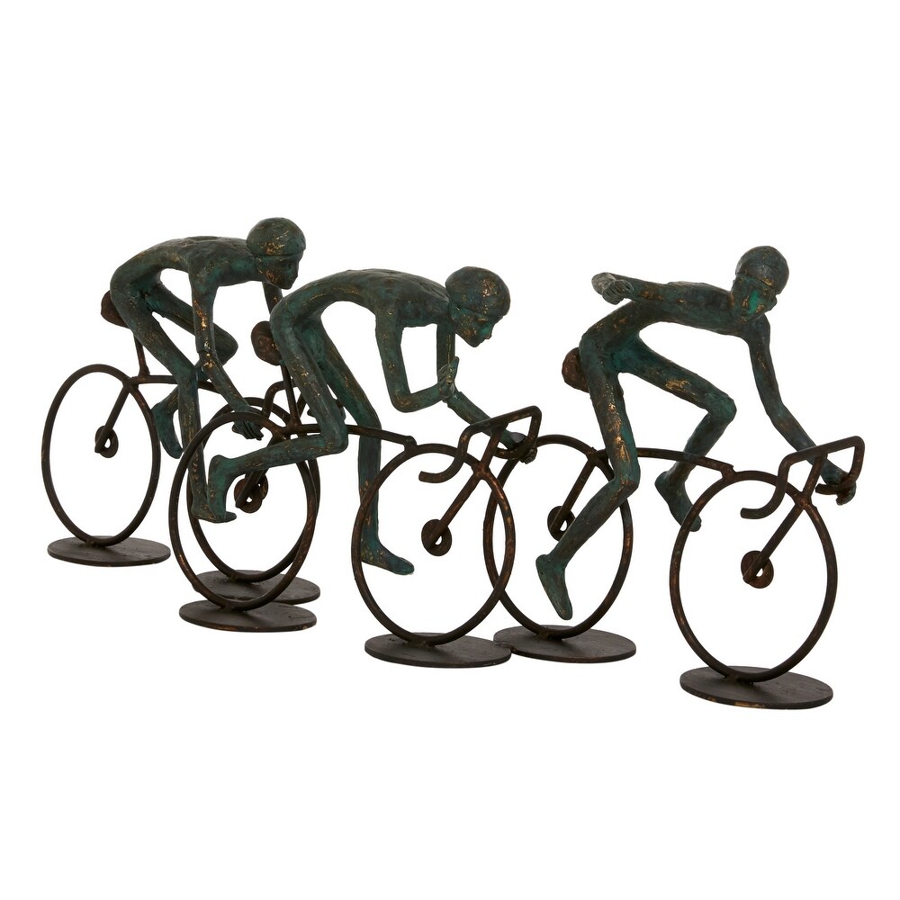 Bronze Polystone People Sculpture with Bike   20 x 5 x 8