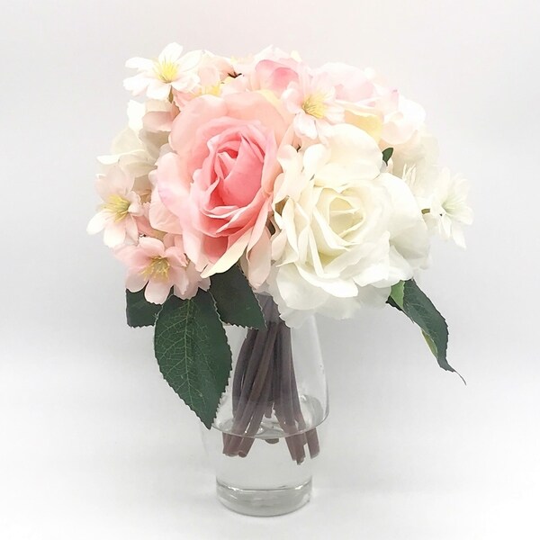 Enova Home Pink and Cream Artificial Silk Roses and Mixed Fake Flowers Arrangement in Clear Glass Vase with Faux Water