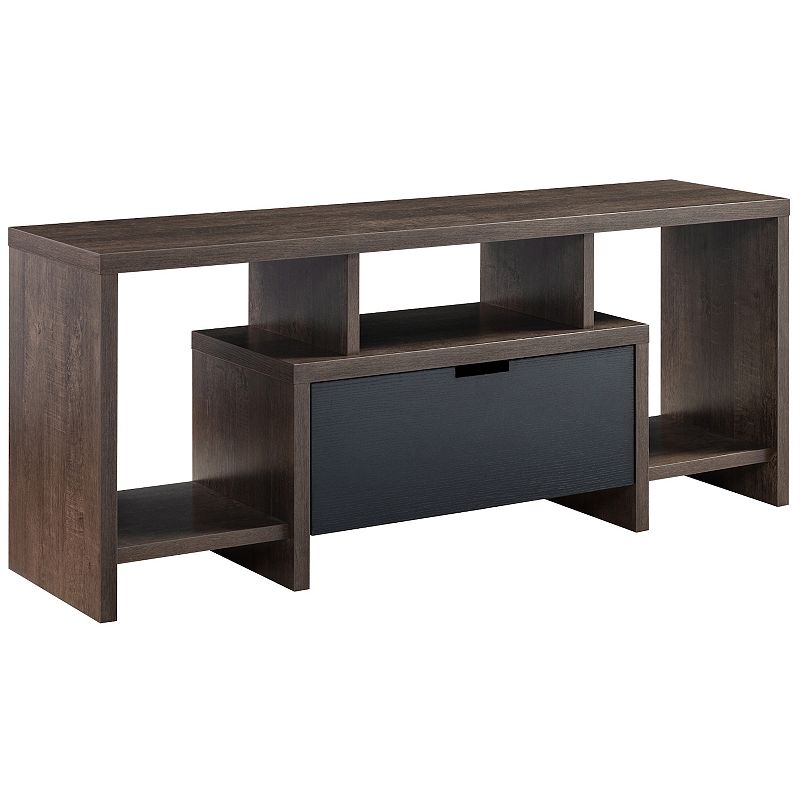 FC Design Walnut Oak and Black TV Stand with Center Drawer and 2 Side Shelves