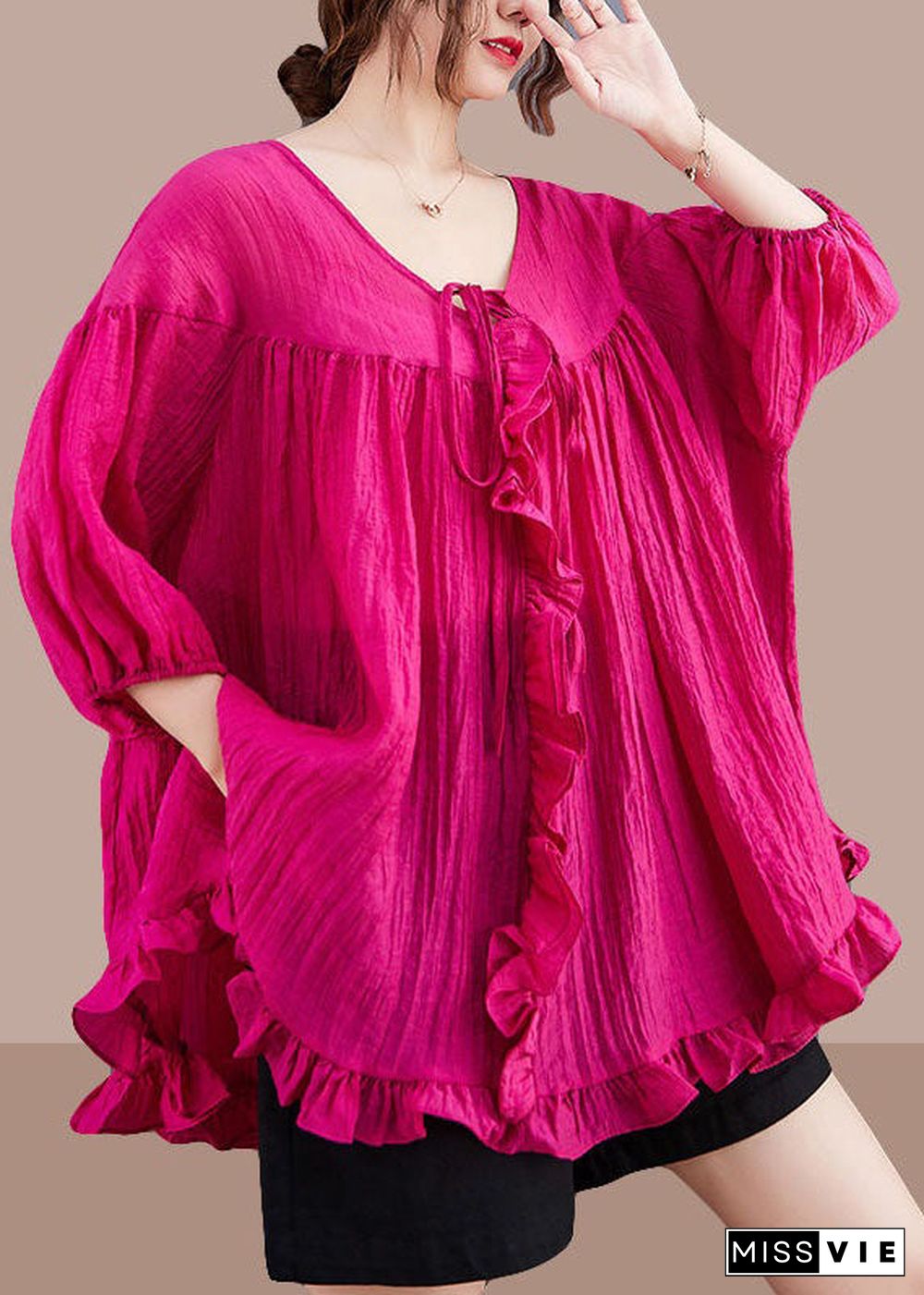 Loose Rose Ruffled Patchwork Lace Up Cotton Shirts Top Summer