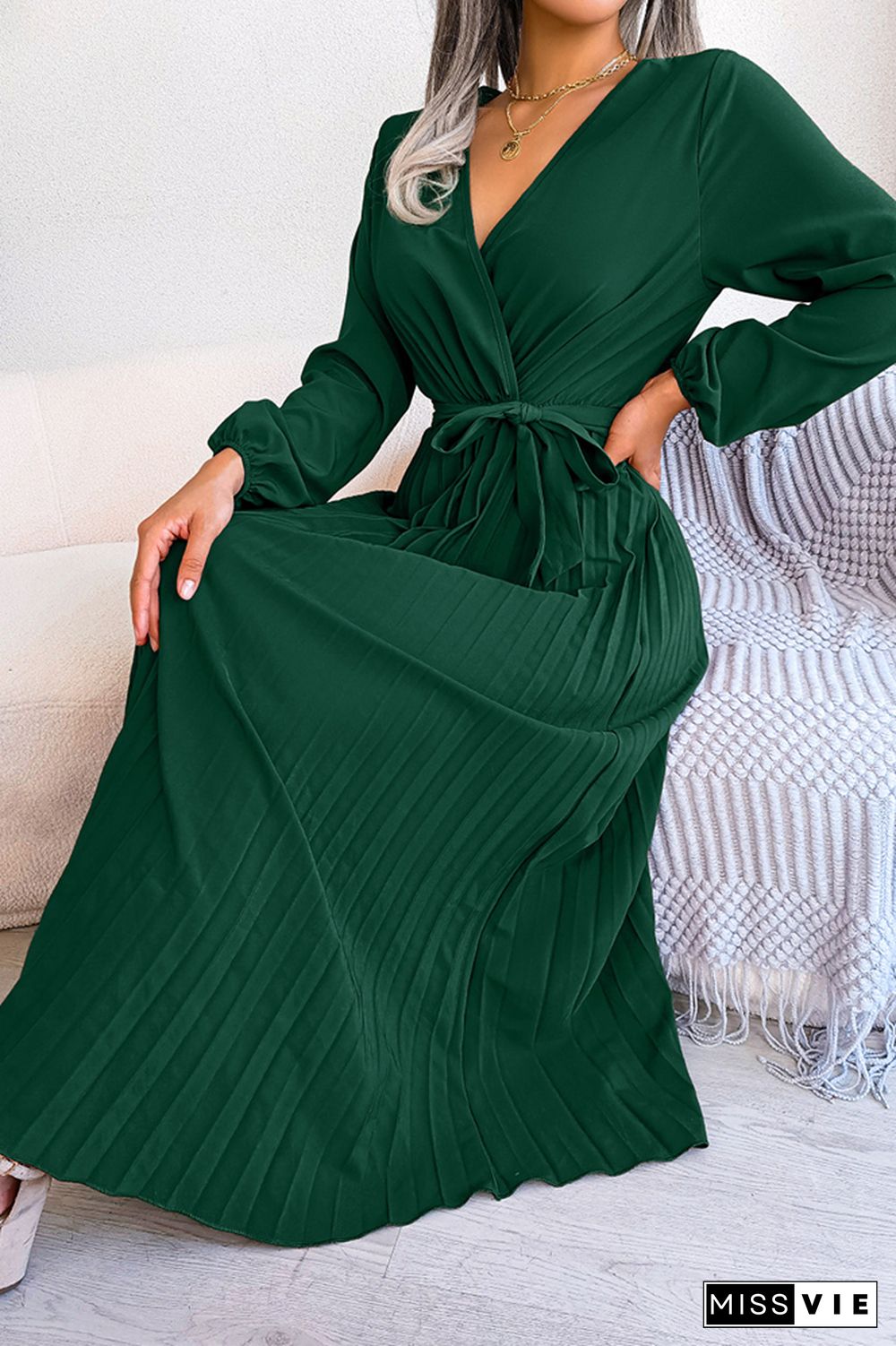 Plain Wrap V Neck Pleated Maxi Dress