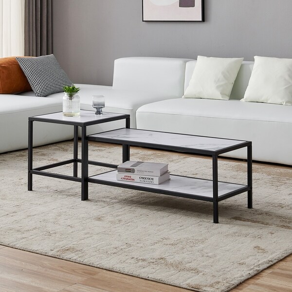 Modern Nesting coffee Table Square and Rectangle(2 pcs)， Black Metal Frame with Wood Marble Top， for Living Room Furniture