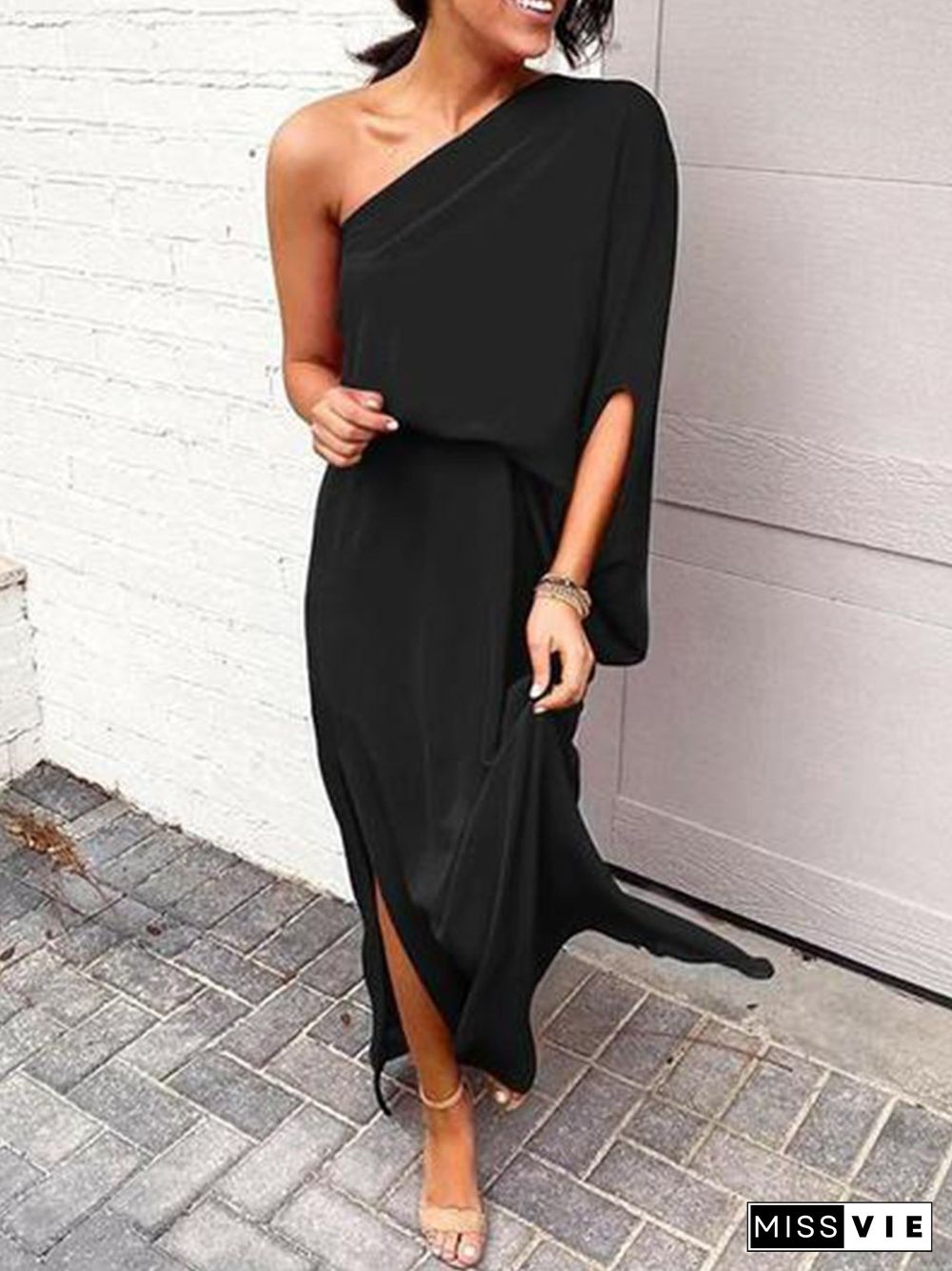 One-shoulder Bat Sleeve Loose Maxi Dress P13786