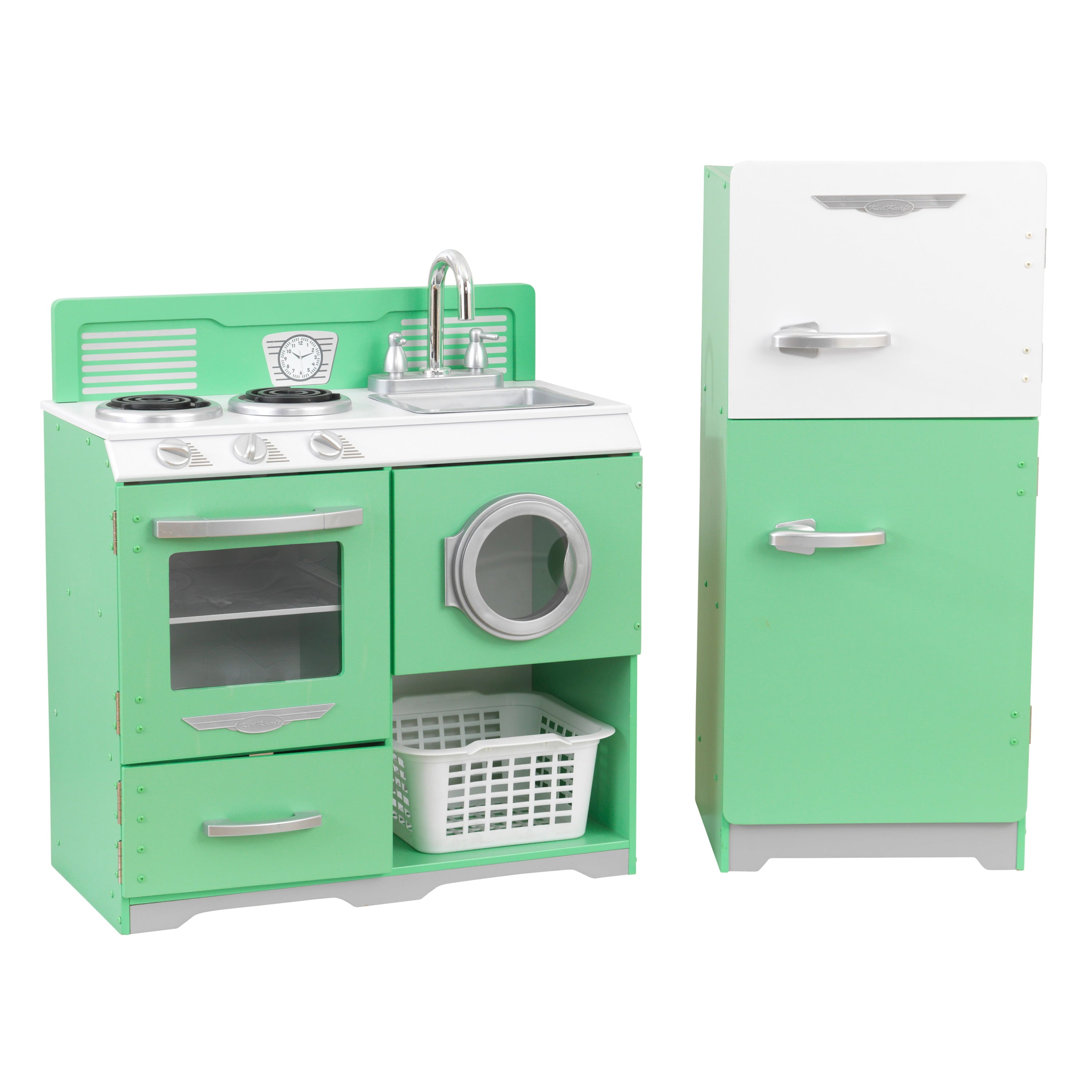 Homestyle 2-Piece Wooden Vintage Play Kitchen Set with Refrigerator, Dryer and Laundry Basket