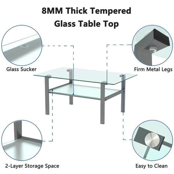 Glass Coffee Table and End Table Sets of 3 for Living Room， Clear Tempered Glass and Gray Metal Leg， - as picture