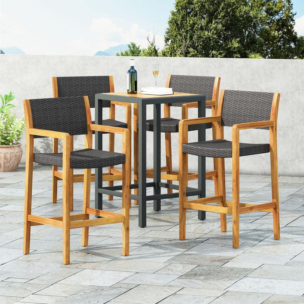 Noble House Genesee Teak Brown Wood Outdoor Bar Stool in Black Faux Wicker Seat (4-Pack) 82962