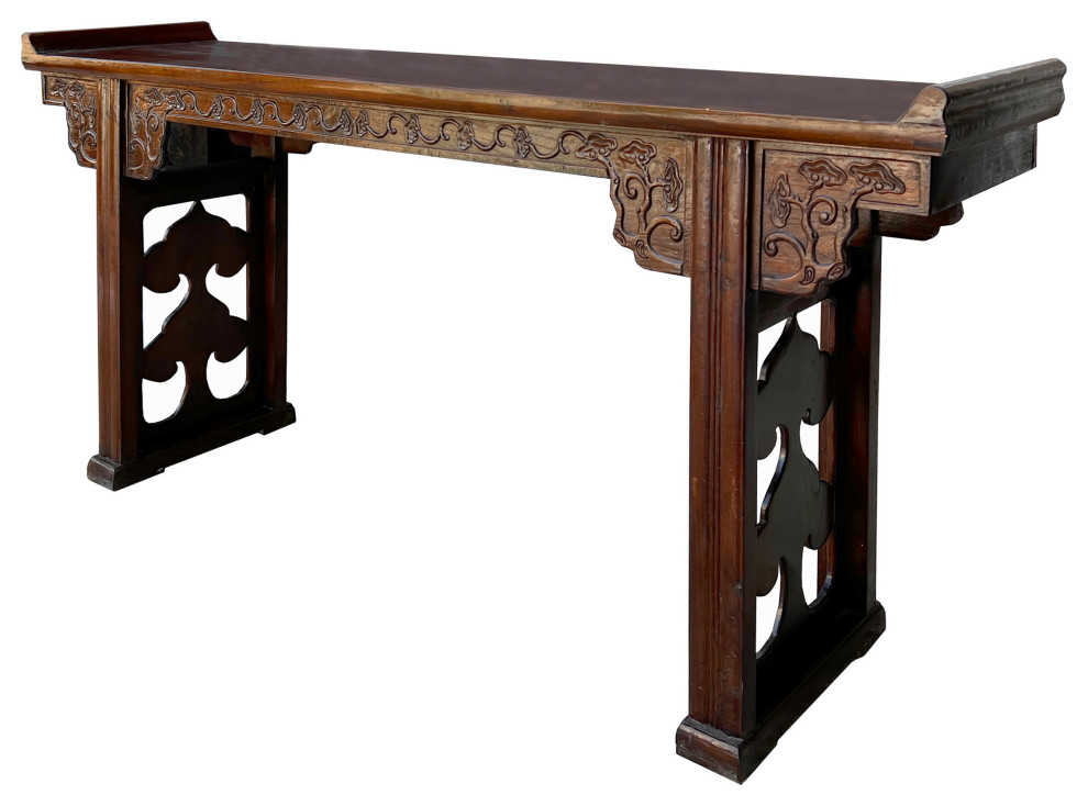 Chinese Brown Elm Wood Point Edge Relief Carving Altar Table Hcs7655   Asian   Console Tables   by Golden Lotus Antiques  Houzz