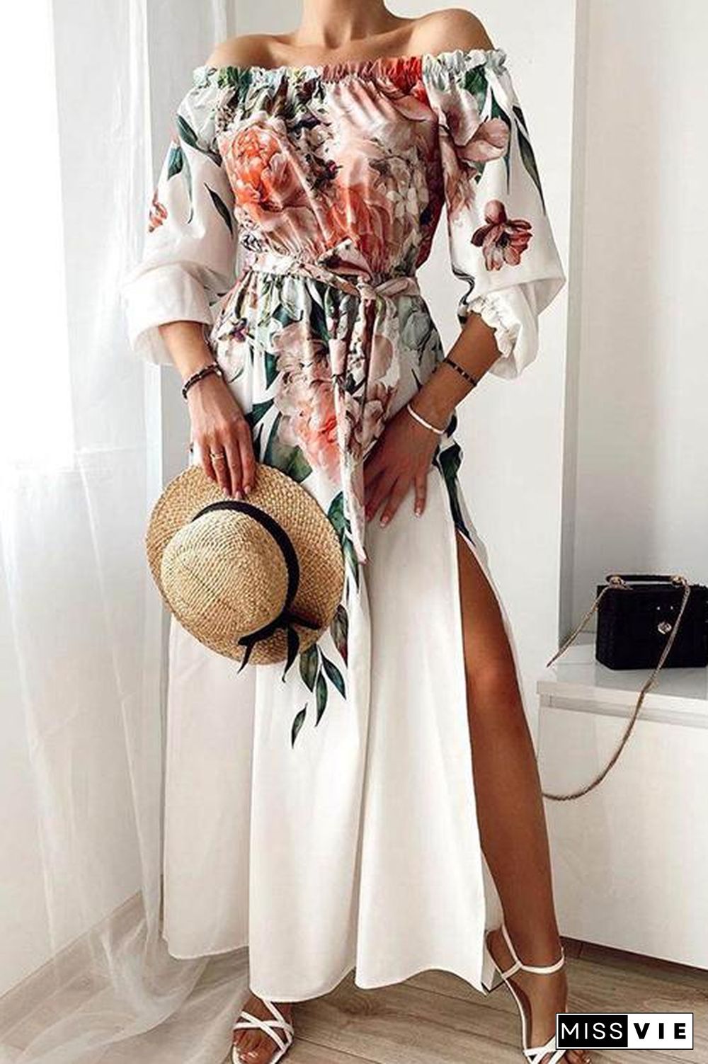 Floral Print Off Shoulder Slit Maxi Dress