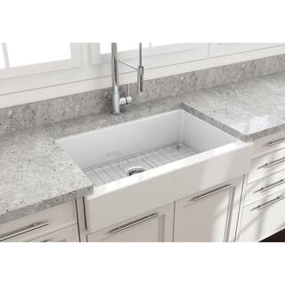 BOCCHI Nuova Pro 34 in. Short Apron Drop-InUndermount Single Bowl White Fireclay Kitchen Sink with Grid in. Strainer 1551-001-0120