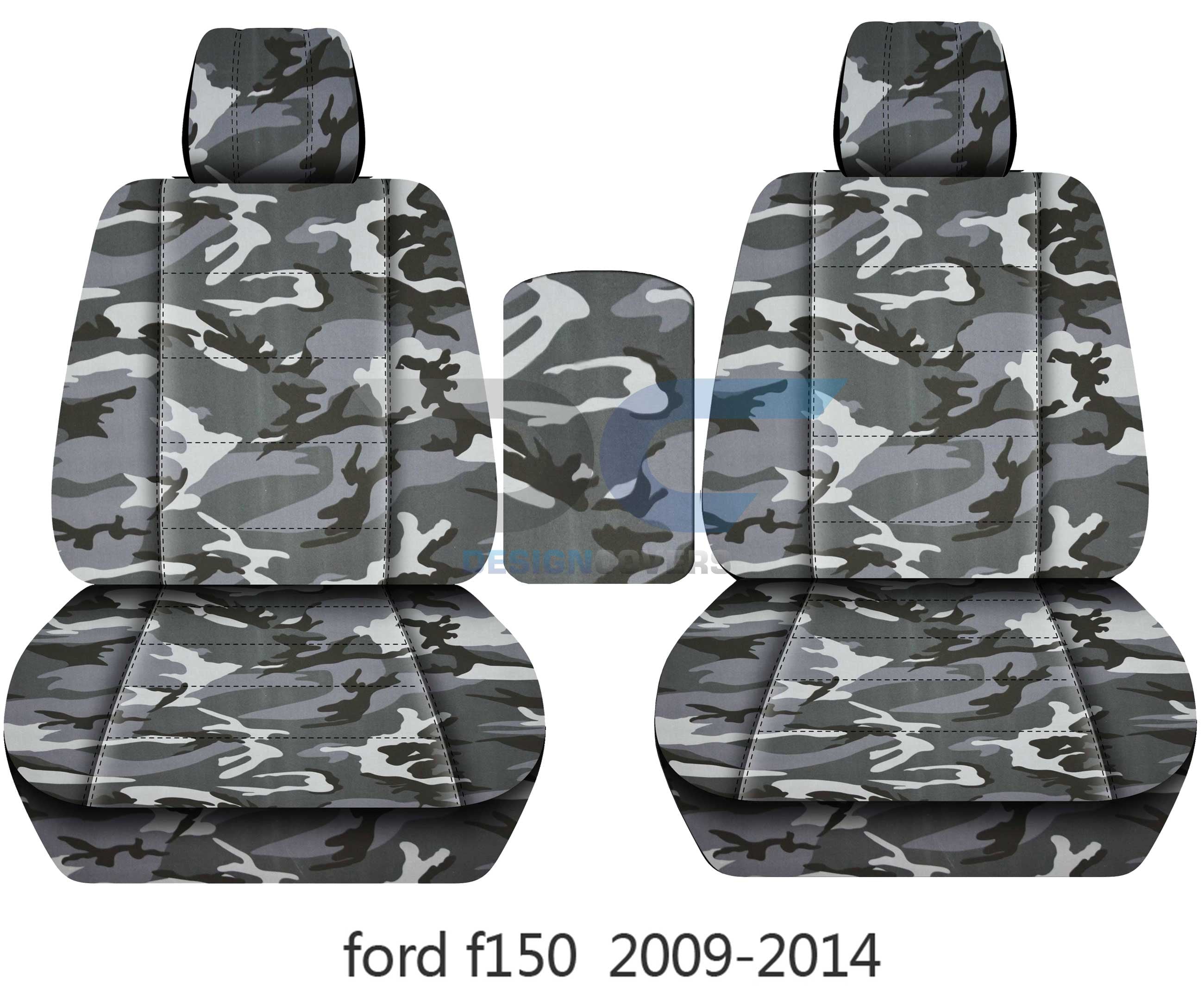 Design Covers Compatible with 2009-2014 Ford F-150 Camouflage Bucket Truck Seat Covers w 2 Headrests + Center Center Center Console Lid size:ALL Except XLT and Texas Edition: Gray Camo