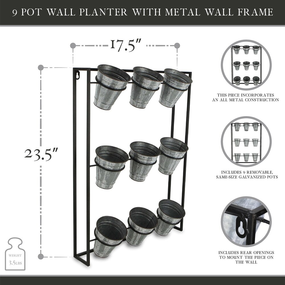 Black Metal 9 Pot Wall Planter with Metal Frame   W: 17.5\