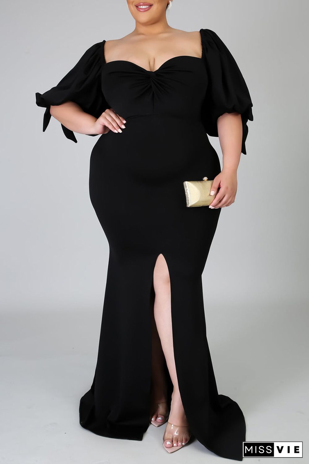 Black Bow Tie Puff Sleeve Plus Size High Slit Maxi Dress