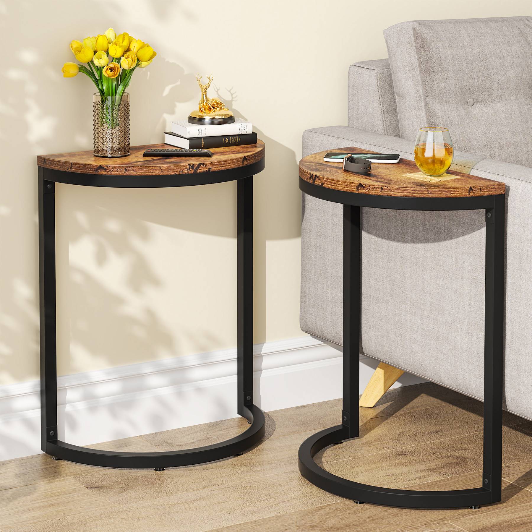 Half Round End Table, Narrow Side Table with Metal Frame