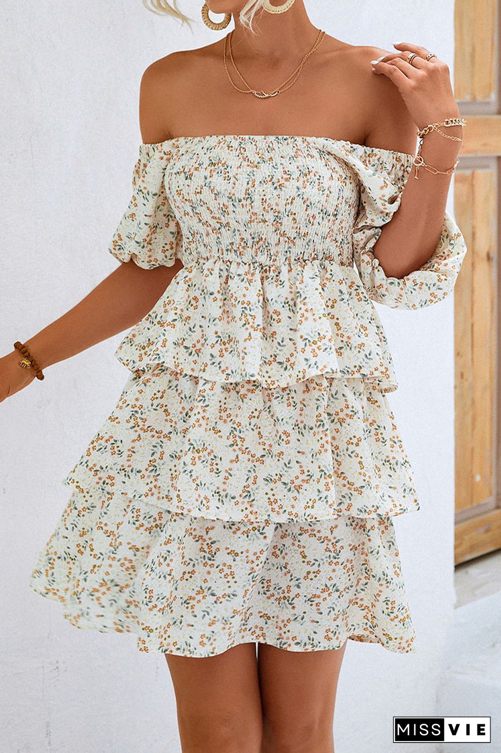 Smocked Square Neck Tiered Floral Dress