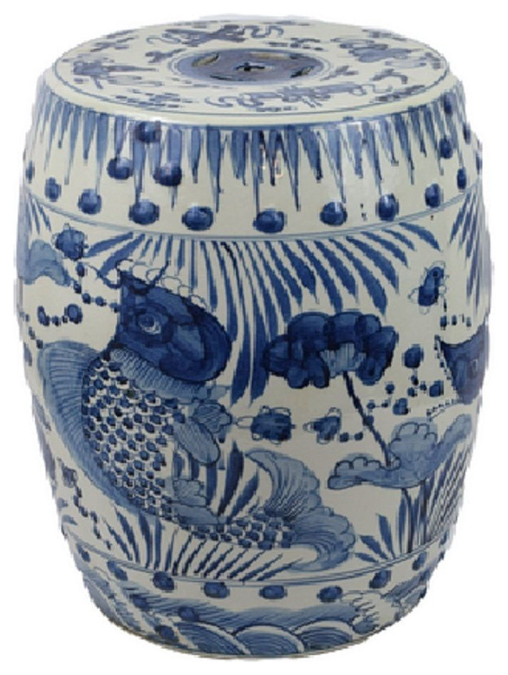 Blue and White Porcelain Fish Motif Garden Stool 19 quot  Asian   Accent And Garden Stools   by William Sung  Houzz