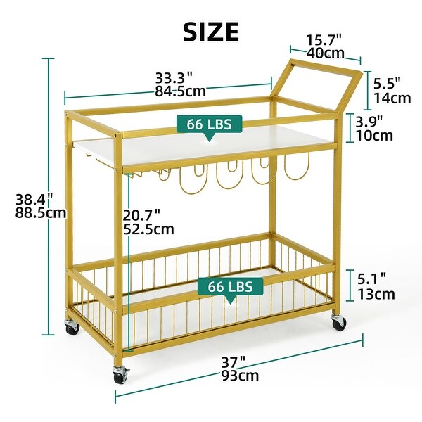 2-Tier Wood Bar Serving Carts with Wine Rack and Glass Holder Steel Frame on Wheels