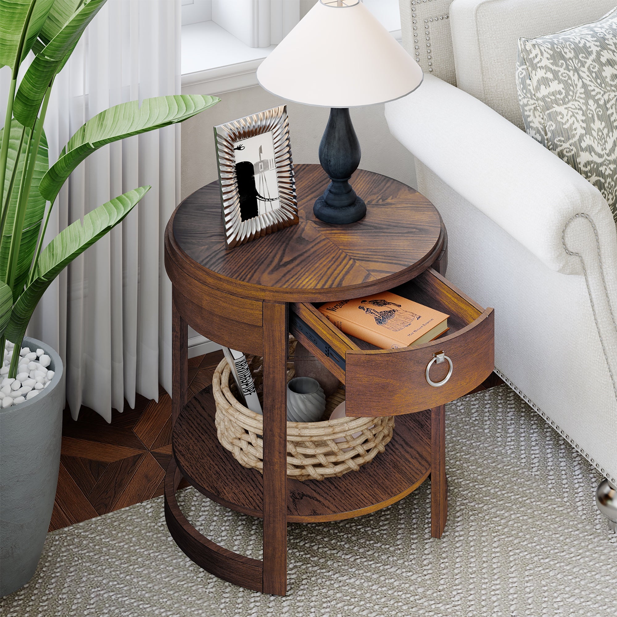 Round Side End Table with Drawer Storage Shelf Accents Nightstand