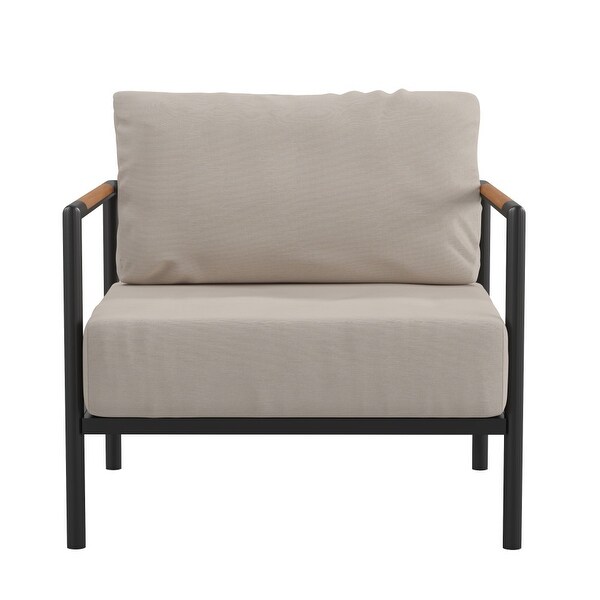 Metal Frame Patio Chair with Teak Arm Accents and Plush Cushions