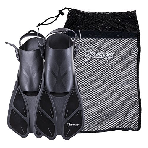 seavenger torpedo swim fins | travel size | snorkeling flippers with mesh bag for women， men and kids (black， l/xl)