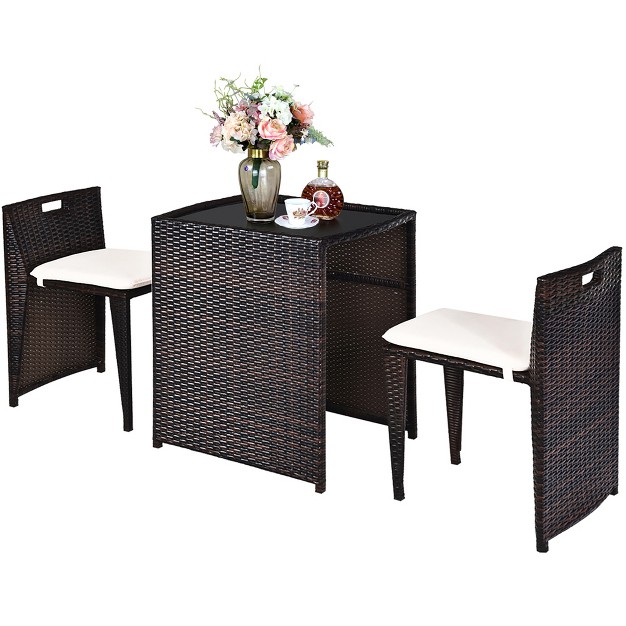 Costway 3pcs Outdoor Patio Rattan Furniture Set Space Saving Garden Deck W cushion No Assembly