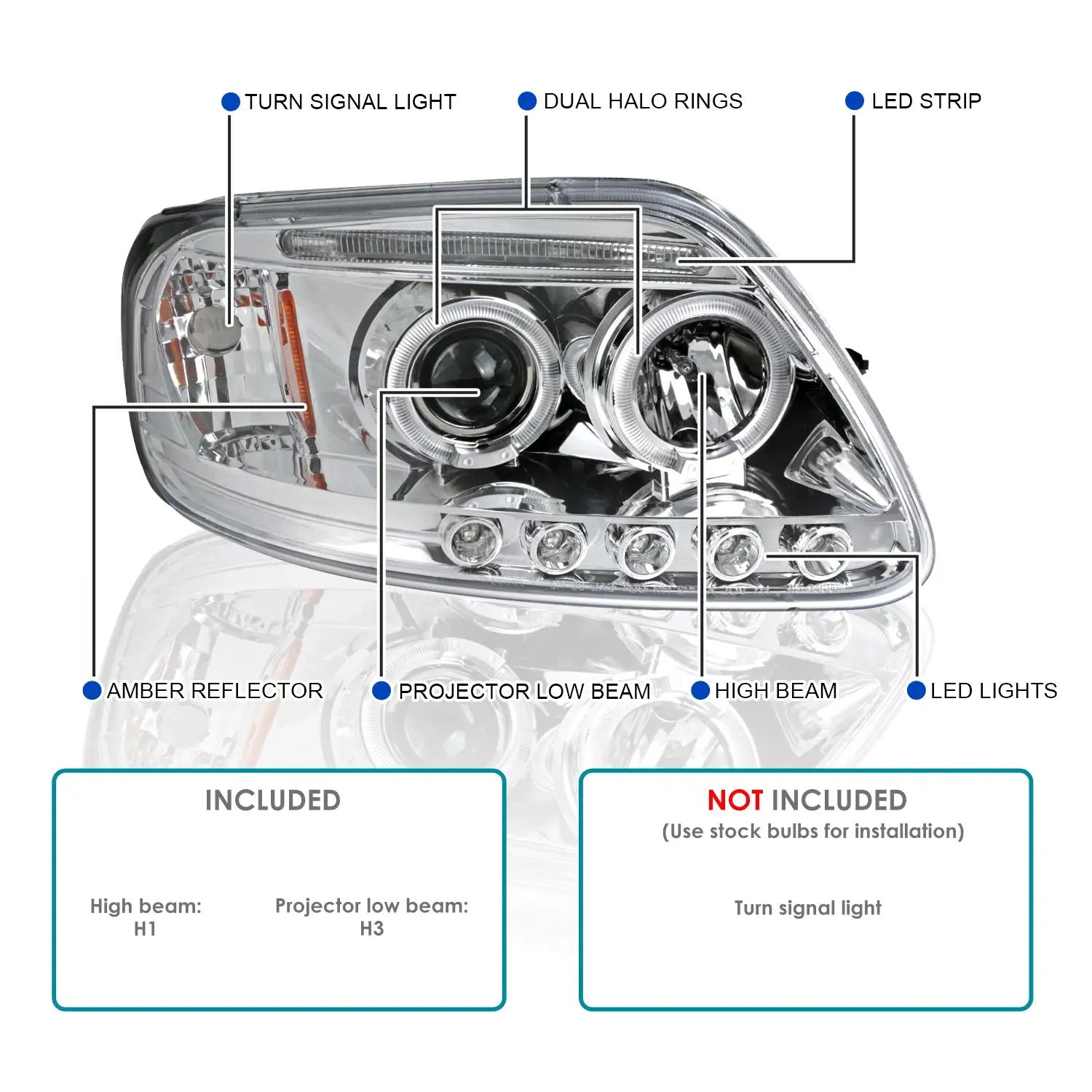 Spec-D Tuning Chrome Housing Clear Lens Projector Headlights Compatible with 1997-2003 Ford F150， 2004 Ford F150 Heritage， 1997-2002 Ford Expedition， Left + Right Pair Headlamps Assembly