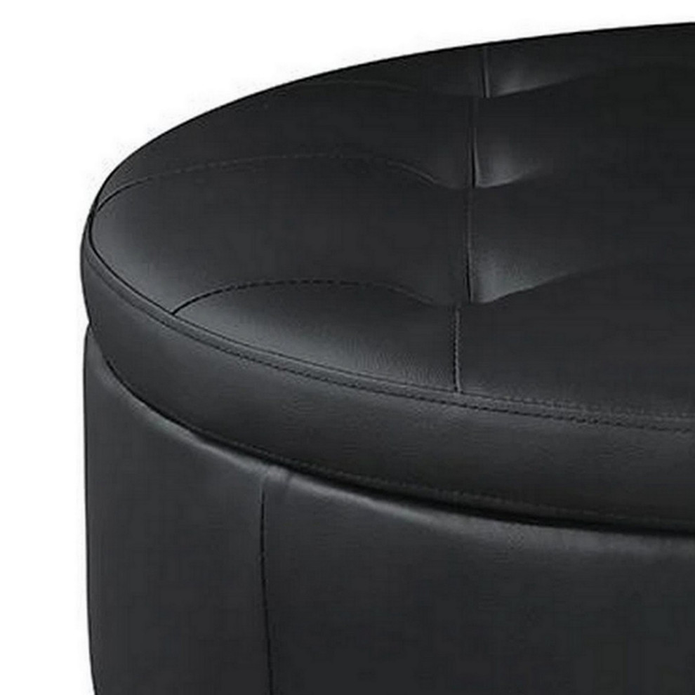 30 Inch Round Storage Ottoman Black Vegan Faux Leather Button Tufted   Transitional   Footstools And Ottomans   by Dot  ampBo  Houzz