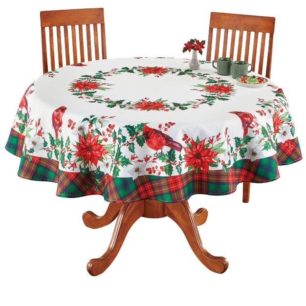 Collections Etc Cardinal amp Poinsettia Tartan Plaid Holiday Tablecloth Round