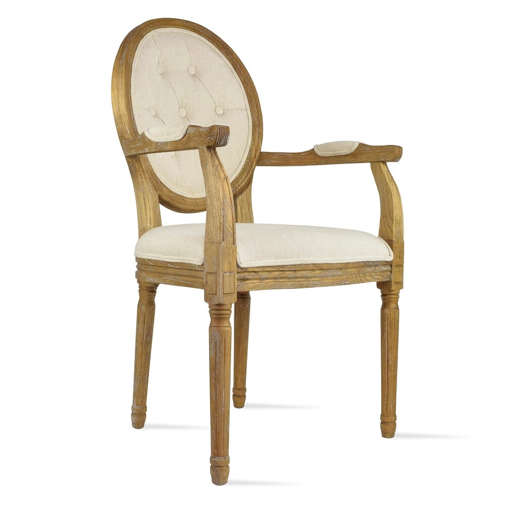 French Chic Vintage Style Dining Side Chair With Upholstered Linen Welted Fabric And Elegant Natural Rustic Wood Frame