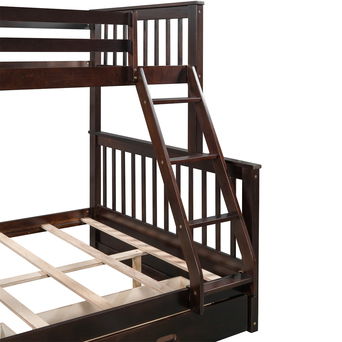 Twin Over Full Bunk Bed with Two Storage Drawers, Pine Wood Frame and Ladder with Guard Rails for Teens, Boys, Girls, Brown