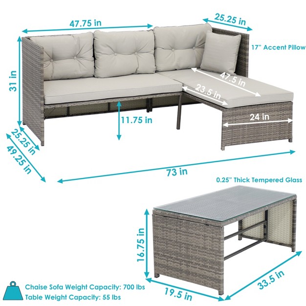 Sunnydaze Outdoor Longford Patio Sectional Sofa Conversation Set With Cushions And Table 3pc