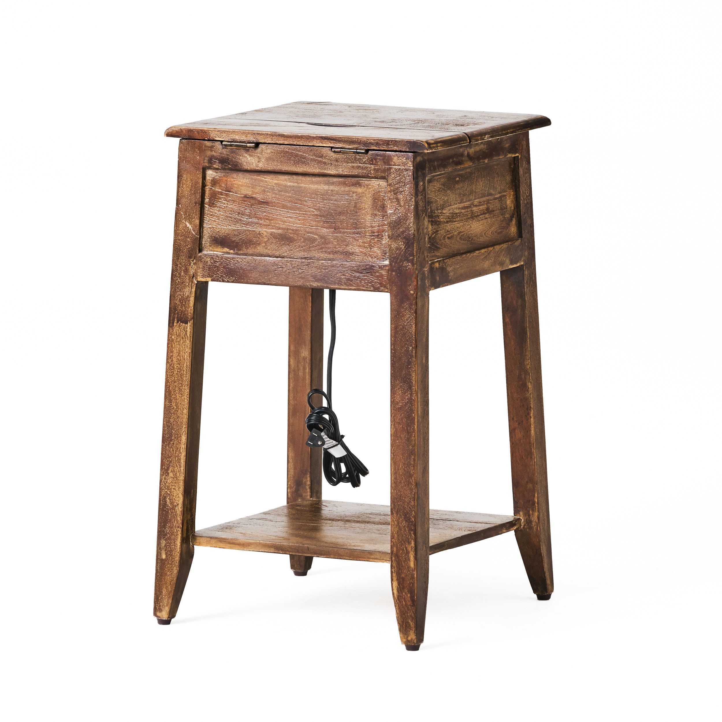 Kamin Rustic Handcrafted Mango Wood Side Table with Charging Port, Gray