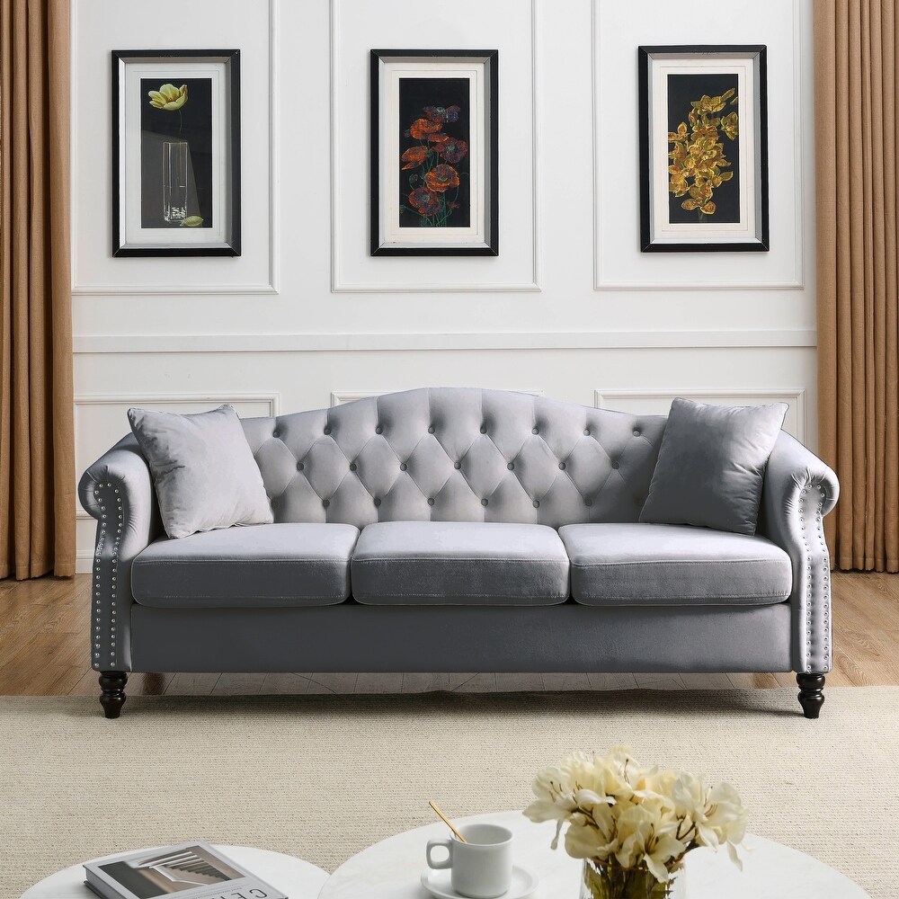 Velvet Upholstered Chesterfield Sofa Set w/Nailhead Tufted Back Sectional Sofa Set w/Flared Arms for Livingroom