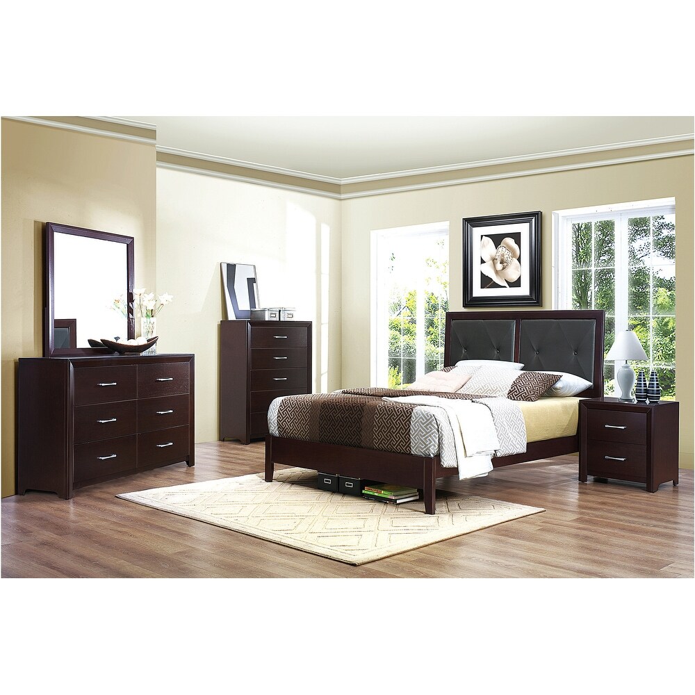 Elysee 4 Piece Espresso Modern Faux Leather Upholstered Panel Bedroom Set