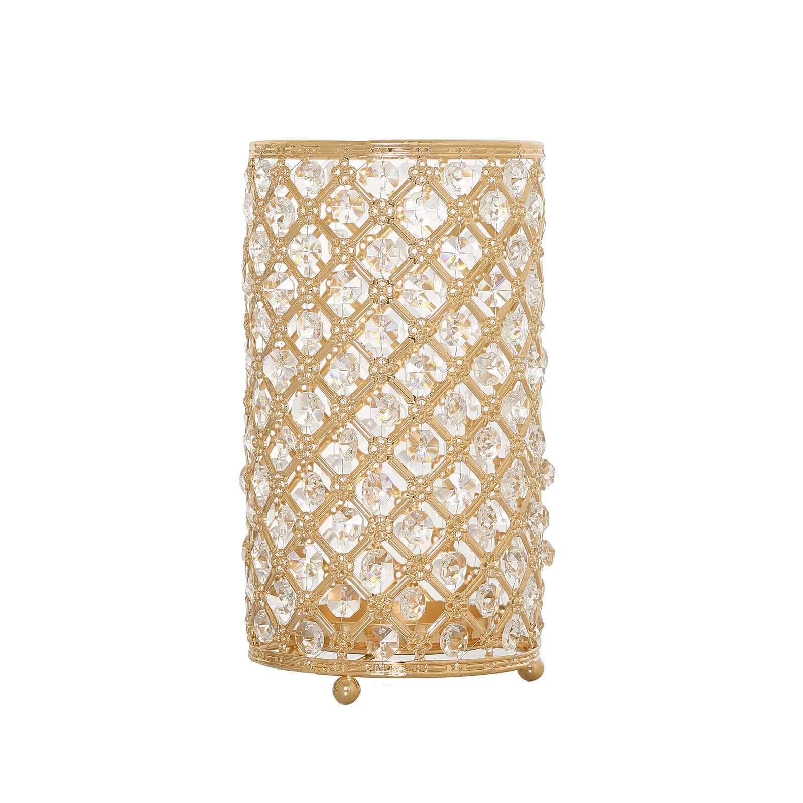 2 Pack Gold Metal Crystal Beaded Pillar Votive Candle Holder Set, Multipurpose Crystal Stem Vase 9