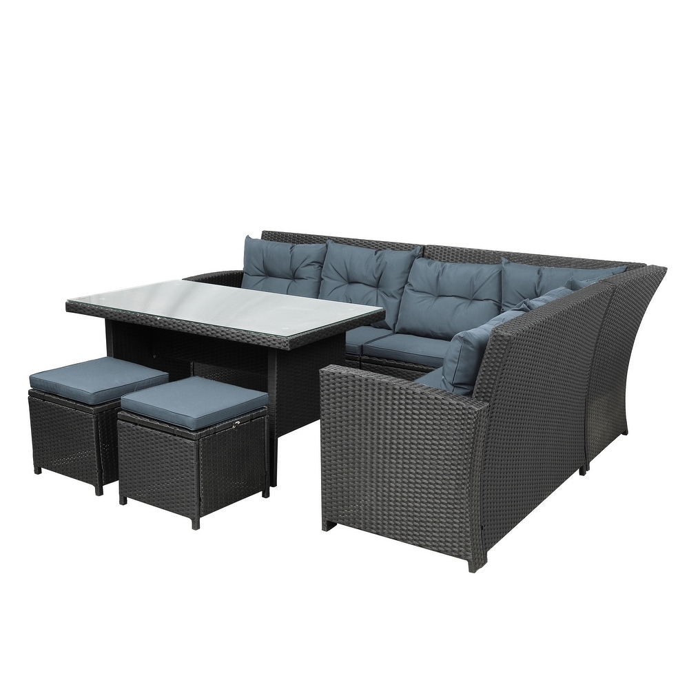 Patio 6 piece Outdoor Sectional Sofa with Glass Table Set