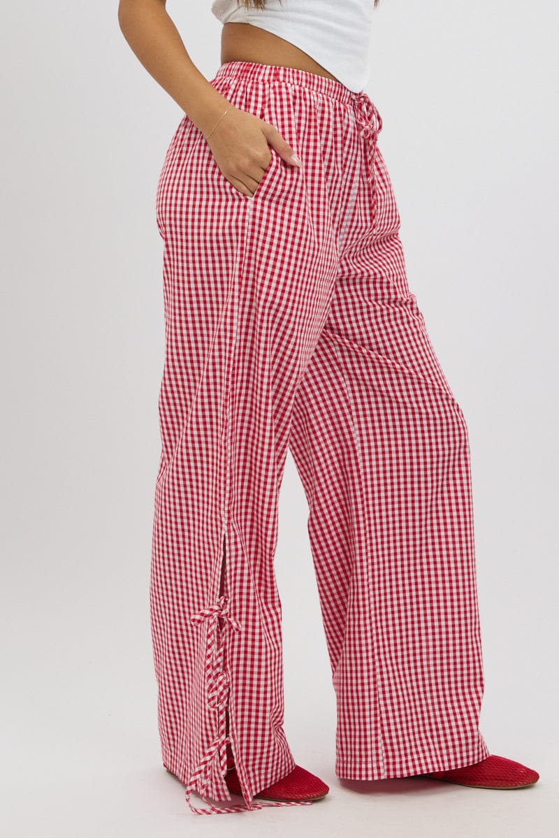 Red Check Wide Leg Pants Side Ribbon