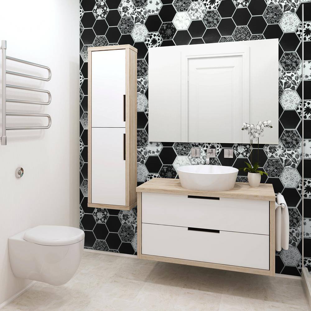 Dundee Deco 3D Falkirk Retro 101000 in. x 38 in. x 19 in. Black and White Hexagon Floral Mosaic PVC Wall Panel TP10018765