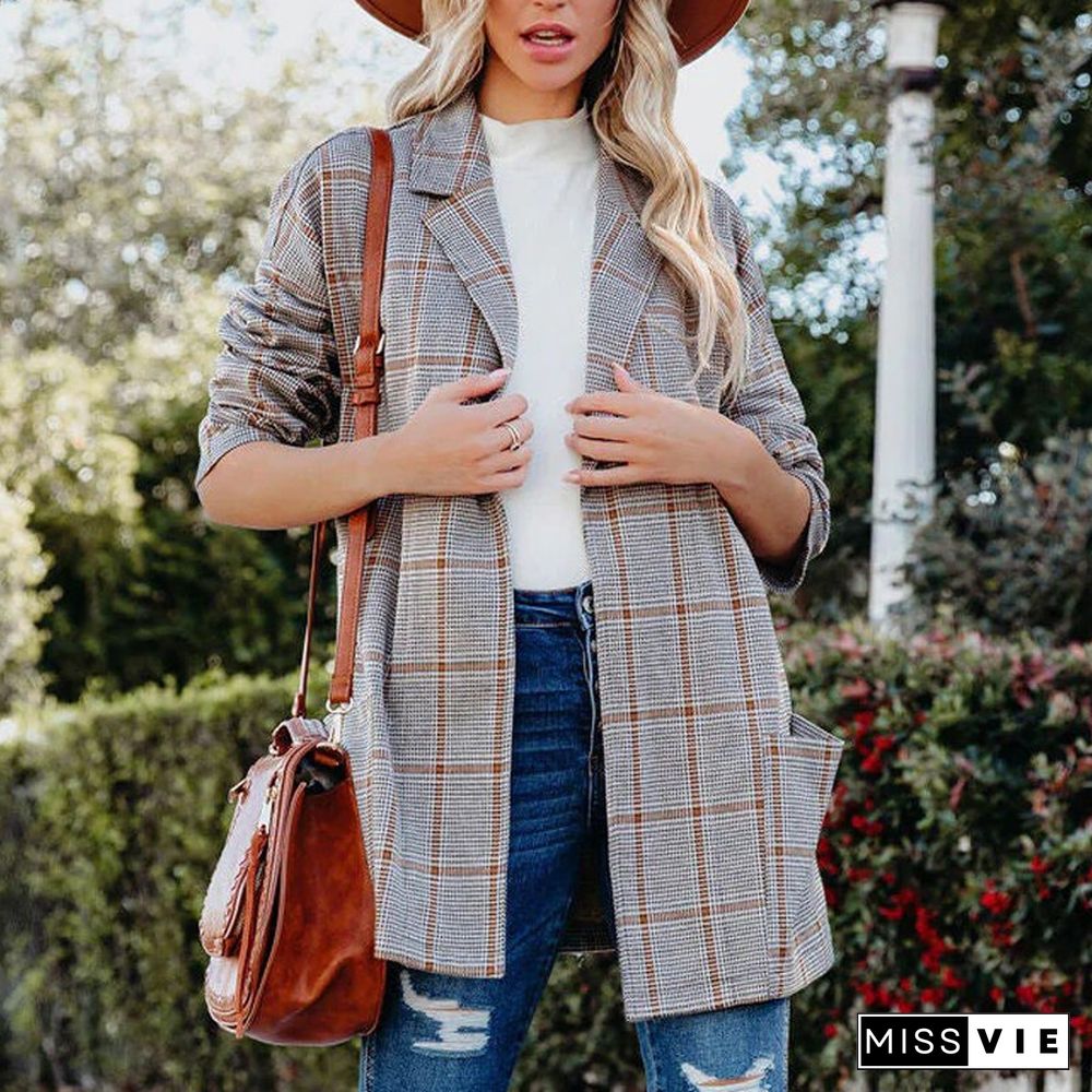 Women Casual Long Sleeve Straight Blazer Fashion Turn-down Collar Pockets Loose Jacket Elegant Houndstooth Plaid Print Cardigans