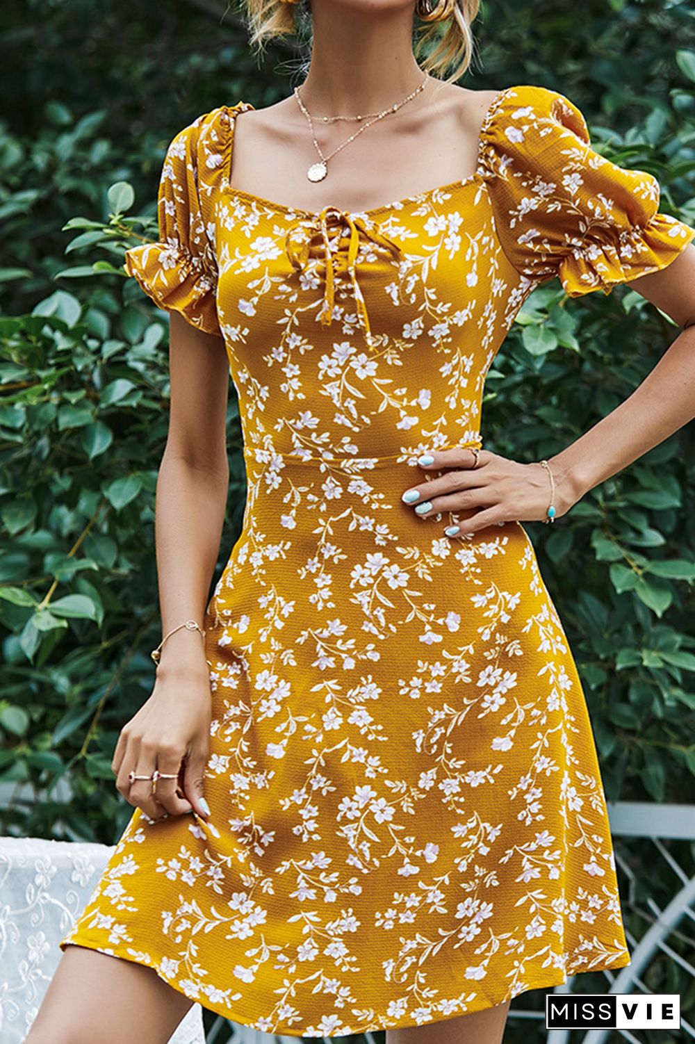 Mustard Square Neck Puffy Floral Swing Dress