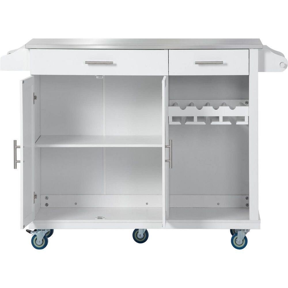 tunuo White Rolling Kitchen Island Cart with Stainless Steel Top and Wheels (51 in. W) SFWF-295114W