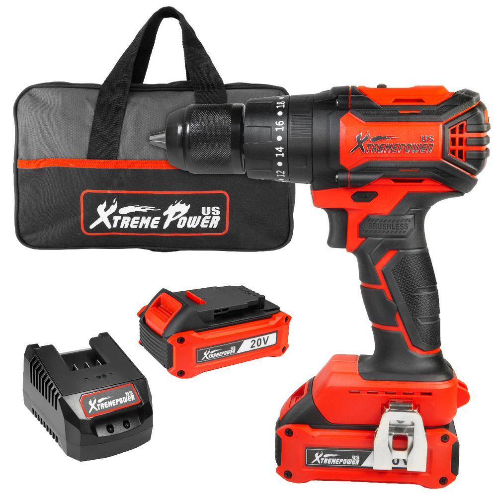 XtremepowerUS 20-Volt MAX Li-Ion Brushless Cordless Impact Drill 12 in. Chuck LED Power Drill 2 Ah Battery Charger  Bag 47531