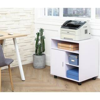 FITUEYES White Office Filing Cabinet with Door Wood Mobile Printer Stand on Wheels for Storing File Folders FPS406005WW-HD