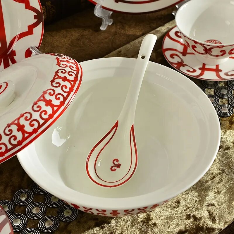 58pcs red window grilles porcelain plates and dishs bowl spoon dinner tableware set